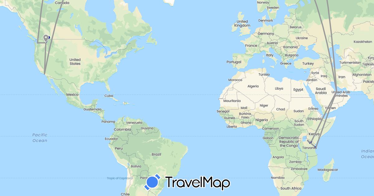 TravelMap itinerary: driving, plane in Canada, Qatar, Tanzania, United States (Africa, Asia, North America)